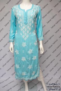 Lucknowi Suits, Kurti Suit, Bird Embroidery Pattern, Stylish Short Dresses, Ladies Wear, Cyan Blue, Cotton Kurti, Bird Embroidery, Elegant Saree