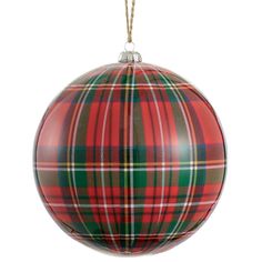 a red and green plaid ball ornament hanging from a string on a white background