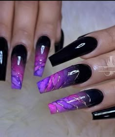 Beach Nails Art, Black And Purple Nails, 2023 Beach, Nail 2023, Beach Nail, Purple Nail Designs, Long Nail Designs, Purple Acrylic