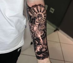 Angels Arm Tattoo, Biblical Patchwork Tattoos, Noahs Ark Tattoo Design, Arm Angel Tattoo, St Michael Tattoo Design, Religious Tattoo Sleeves, Angel Sleeve Tattoo