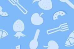 a blue background with white food and utensils