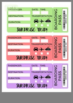 two boarding cards with the words surprise trip on them