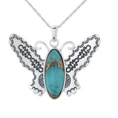 You'll love having this beautiful pendant with chain - in your choice of dragonfly or butterfly pendant - in your life! From Southwest Elements, the eye-catching design will look lovely on your neckline. Each features blue mohave turquoise that is wondrously complemented by the sterling silver setting. An oxidized finish shows off all the ornate details! Pair with matching earrings 206-191 to create a coordinated look. Element Necklace, Pendant With Chain, Butterfly Pendant, Pure Silver, Matching Earrings, Stone Color, Silver Jewelry, Chain Necklace, On Sale