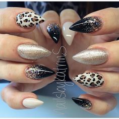 Leopard Sparkle Nails, Leopard And Glitter Nails, Black And Gold Cheetah Nails, Ombre Leopard Nails, Lepord Nails Designs, Glitter Leopard Nails, Black Leopard Nails, Fall Leopard Nails, Rockabilly Nails