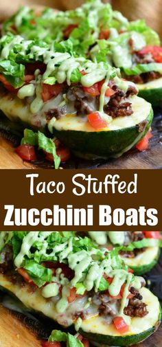 taco stuffed zucchini boats with lettuce, tomatoes and other toppings