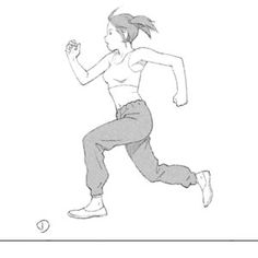 a drawing of a woman running with her arm in the air and one hand on her hip