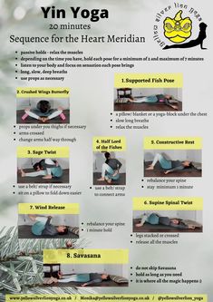 a poster with instructions on how to use the yin yoga pose for heart meridians