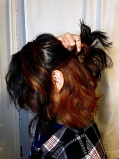 Ginger Hair With Dyed Ends, Dark Orange And Black Hair, Ginger And Black Split Dye, Black And Ginger Peekaboo Hair, Colored Hair Without Bleach, Black Hair With Ginger Underneath, Black Hair With Orange Underneath, Black Hair With Copper Underneath, Copper Hair Underneath Brown