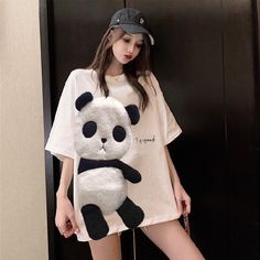 Woman's Tshirts Superior Quality spring/summer Cartoon Embroidery short-sleeve Loose O Neck Ladies Woman Blouse Casual, Panda Cartoon, Summer Cartoon, Cartoon Embroidery, Animal Embroidery, Korean Casual, Embroidered Shorts, Animal Shirts, Summer Tshirts