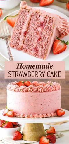 strawberry cake with pink frosting and fresh strawberries on top is shown in two different photos