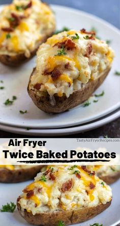 two pictures of baked potatoes with bacon and cheese on them, one has an air fryer twice baked potato