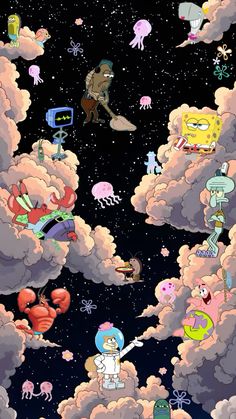 cartoon characters floating in the sky above clouds