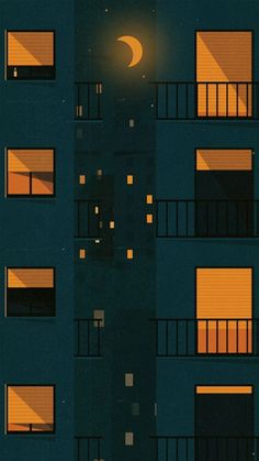 an apartment building at night with the moon in the sky and windows lit by street lights