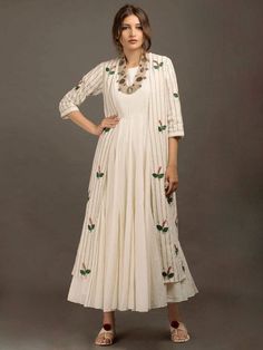 Buy Off White Khadi Embroidered Jacket online at Theloom डिजाइनर कपड़े, Dress Party Wear, Cotton Kurtis, Shrug For Dresses, Cotton Kurti Designs, Open Jacket, Indian Gowns Dresses, Kurti Neck Designs, Indian Attire