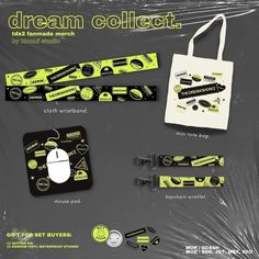 an advertisement for a computer mouse and other items on the packaging side, including a tote bag