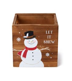 a wooden box with a snowman painted on the side and words let it snow