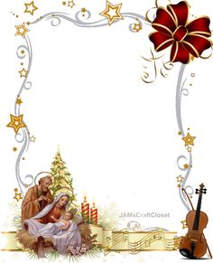 a christmas card with an image of the virgin mary and baby jesus next to a violin