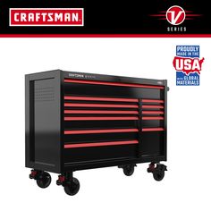 the craftsman's tool cabinet is on wheels