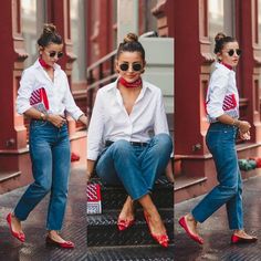 Red Shoes Outfit, Look Working Girl, White Shirt Outfits, Flats Outfit, Shopping Clothes, Cute Preppy Outfits, Red Heels, Vogue Magazine, 가을 패션