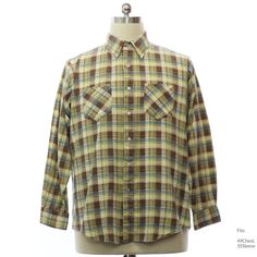 "80s \"Value Line\" Mens tall fit soft yellow background cotton button cuff longsleeve button up front flannel shirt. Plaid pattern in shades of brown, tan, blue, cream and black, a back yoke detail. Fold over collar, two patch pockets and rounded slight shirttails hemline. Fits: 49Chest, 35Sleeve Our item # 389411" Fitted Yellow Shirt For Fall, Brown Long Sleeve Flannel Shirt For Spring, Yellow Fitted Shirt For Fall, Retro Long Sleeve Winter Shirt, Brown Cotton Flannel Shirt For Spring, Spring Brown Cotton Flannel Shirt, Retro Long Sleeve Cotton Shirt, Vintage Long Sleeve Shirt For Fall, Vintage Yellow Shirt With Relaxed Fit