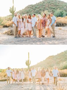 a group of people standing next to each other in front of a cactus and mountains