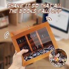 someone is holding up a book case with books in it and the words shake it so that all the books fall off