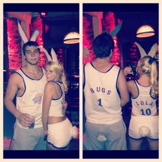 two people in bunny ears are posing for the camera