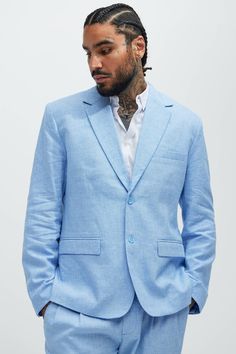 Available In Ice Blue. Button Closure Pointed Lapels Front Pockets Pair With "Bahamas Linen Suit Trousers" Shell: 55% Linen 45% Cotton Lining: 100% Polyester Imported | Mens Bahamas Linen Suit Jacket in Iceblue size Medium by Fashion Nova Blue And White Mens Outfit, Homecoming Outfits For Guys, Cuban Shirt, Navy Tuxedos, Tweed Sport Coat, Dapper Suits, Homecoming Outfit, Cuban Shirts, Charcoal Suit