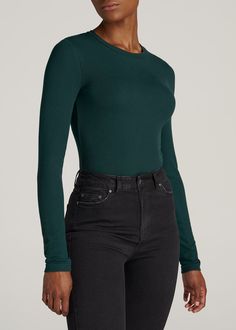 American-Tall-Women-LS-Ribbed-Crew-Neck-Tee-Emerald-front Scrubs Dress, Cozy Sweatpants, Green Long Sleeve, Long Sleeve Tee Shirts, Winter 2023, Tall Women, Clothing Care, American Shirts, Women's Shirts