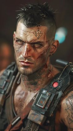 a man with tattoos and piercings on his face is looking at something in the distance