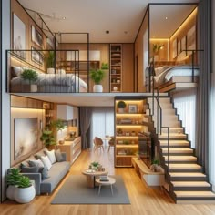 a living room filled with furniture and lots of stairs leading up to the top floor