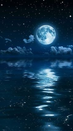 the full moon is reflected in the water and stars are flying above it, while clouds float below