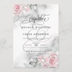 a wedding card with roses on it and the word together written in black, white and pink