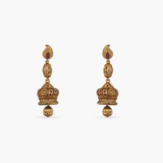 Dia Antique Jhumka Earrings Festive Temple Jewelry Danglers With Intricate Design, Intricate Temple Jewelry Danglers For Festive Occasions, Gold Danglers For Diwali Rituals, Diwali Rituals Gold Danglers, Intricate Design Danglers For Rituals And Festivals, Traditional Heavy Danglers For Puja, Intricate Danglers For Rituals And Festivals, Chandbali Jhumkas For Navratri Puja, Jhumkas With Latkans For Puja