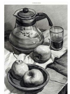 a drawing of apples and a teapot on a table with a cloth next to it