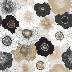 black and white flowers with gold centers on a gray background, seamless wallpaper