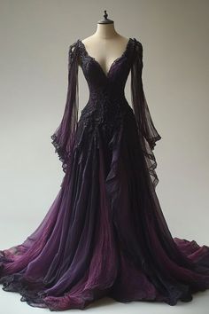 Dark Purple Fantasy Gown, Dark Purple Fairy Dress, Dark Purple Prom Dress Long Sleeve, Prom Dresses Dark Purple, Purple Ball Dress, Dark Purple Wedding Dress, Dark Fantasy Dress, Purple Medieval Dress