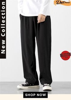 Spring Solid Ice Silk Cozy Straight Leg Smooth Male Pants Casual Dress Pants For Fall, Ankle-length, Casual Ankle-length Dress Pants For Fall, Casual Solid Color Dress Pants With Relaxed Fit, Casual Baggy Dress Pants For Fall, Baggy Casual Dress Pants For Work, Casual Wide-leg Dress Pants With Elastic Waistband, Casual Baggy Wide-leg Dress Pants, Casual Loose-fit Wide-leg Dress Pants, Casual Wide Leg Relaxed Fit Dress Pants