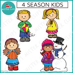 four children in winter clothes and hats standing next to a snowman