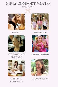 Films And Series To Watch, Clueless Movie Aesthetic, Movies Every Girl Should Watch, It Girl Movies List, Mean Girls Movie Aesthetic, Girly Comfort Movies, Movies Like Mean Girls To Watch, Comfort Movies Aesthetic, Best Comfort Movies