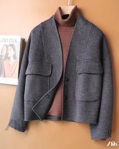 Zlily - Hand-Stitched Double-Sided Collarless Wool Coat Outerwear Gray V-neck Outerwear With Pockets, Winter V-neck Blazer With Pockets, Checkered Pattern, Wool Coat, Dressmaking, Hand Stitched, Double Sided, Siding, Slim Fit