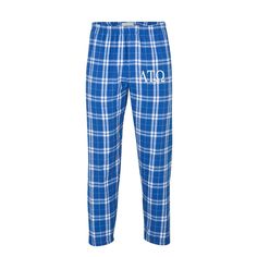 "Alpha tau Omega Flannel Pajama Pants Comfy!  Cozy!  Fun!  Lounge around in your dorm or frat house in these super comfy flannel pants.   Our beautifully embroidered flannel pj pants come with the fraternity letters for Alpha Tau Omega embroidered on the left hip.  Buy for yourself or they make a great gift for your new pledge!   This is an officially licensed Greek product. Features pockets, covered elastic waistband taping, longer length roomy cut. Constructed from super-soft 4oz 100% cotton flannel. Sized Adult S-XXL  Unisex Fit ORDERING Please enter any special requests, questions or pertinent information in the \"Notes\" section during the checkout process.  Personalized items take 1-3 business days to process and we ship from CA.  Shipping is an additional 2-3 business days with USPS Cotton Long Pants For Home, Embroidered Flannel, Fraternity Letters, Alpha Tau Omega, Frat House, Flannel Pj Pants, Sorority Letters, Pants Comfy, Flannel Pajama Pants