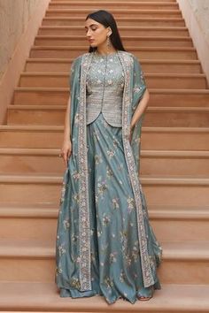 Shop for Sana Barreja Blue Imaya Chanderi Silk Cape And Sharara Set for Women Online at Aza Fashions Printed Sharara, Blue Magnolia, Magnolia Print, Silk Cape, Cape Pattern, Half Jacket, Designer Outfits, Open Sleeve, Sharara Set