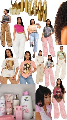 the collage shows many different types of women's clothing and hair products,