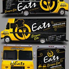 the food truck is designed to look like it has been painted yellow and black with white lettering