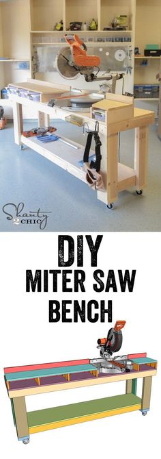 an image of a bench made out of wood and metal with the words diy mitter saw bench on it