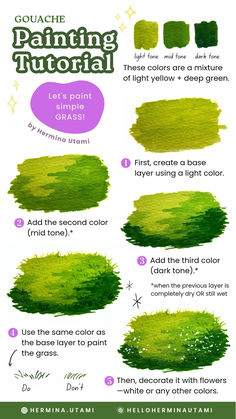 Gouache Painting Tutorial... Grass Painting Tutorial Acrylic, Easy Gouache Tutorial, Gouache Reference Photo, Watercolor Acrylic Painting, Gouache Portrait Tutorial, How To Paint Plants, Go Green Drawing, Simple Oil Pastel Art, Gouache Reference