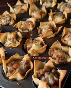 some food is sitting in a muffin tin on a table and ready to be eaten