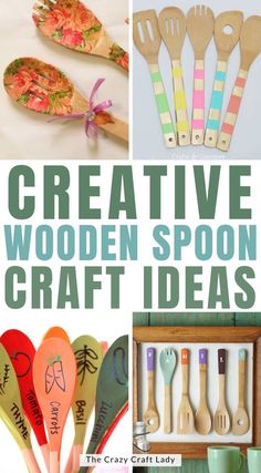 some wooden spoons with different designs on them and the words, creative wooden spoon craft ideas