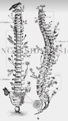 the back and side view of a bird sitting on top of a tree branch with flowers growing out of it